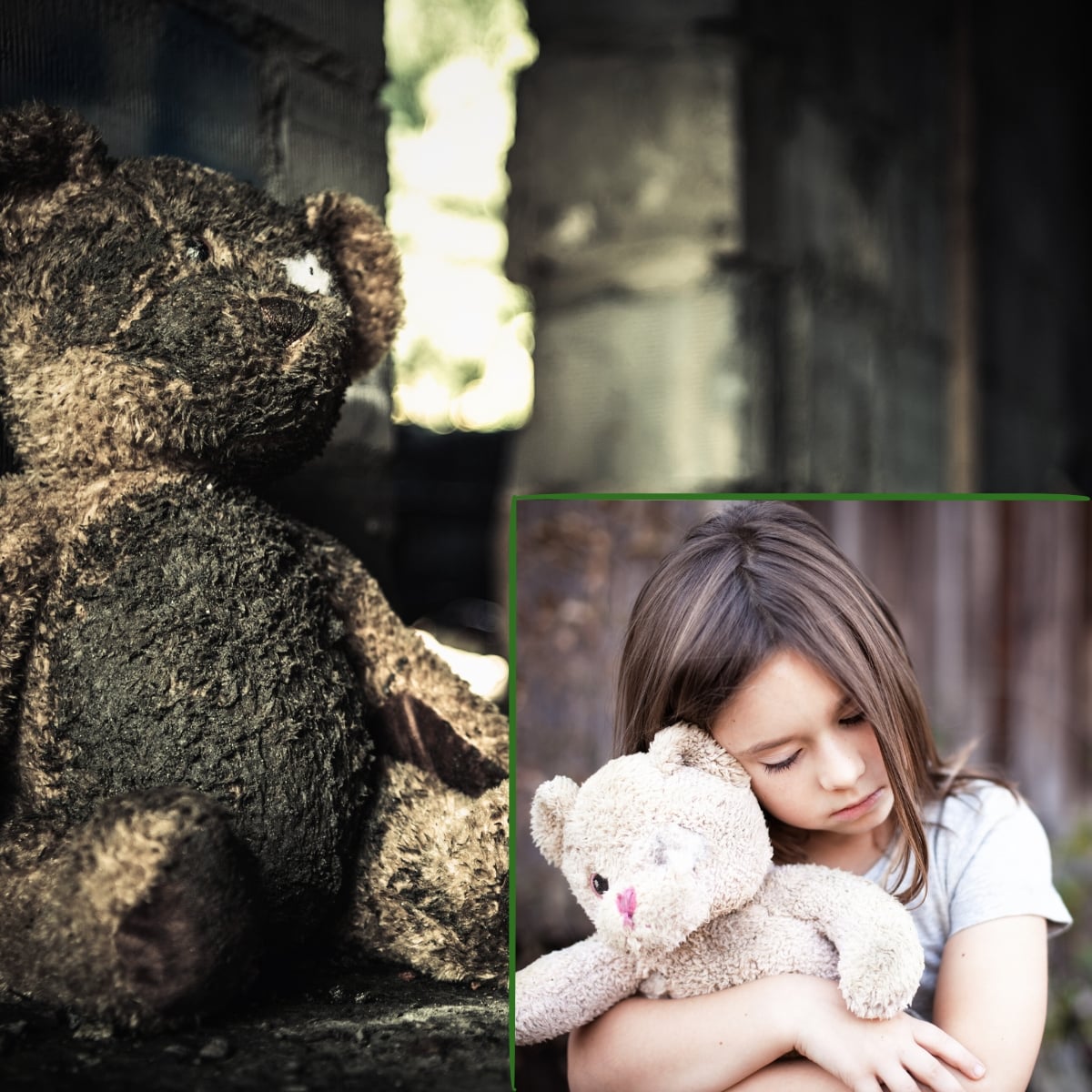 Worn teddy bear and sad girl
