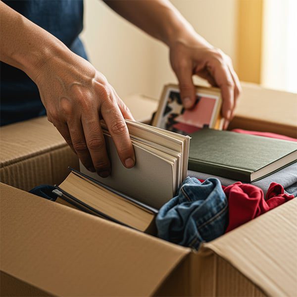 Person packing items into a moving box