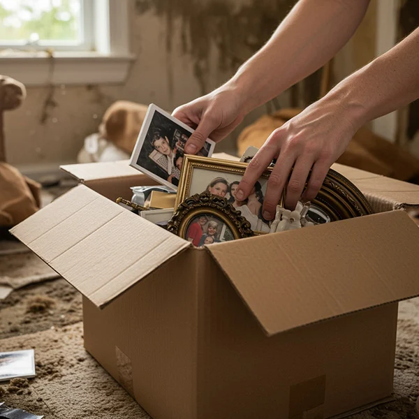 Cardboard box filled with family photos