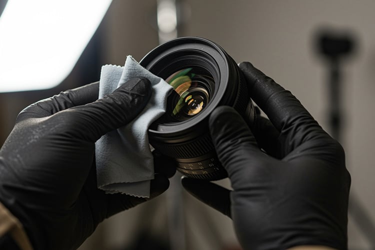 Cleaning camera lens with microfiber cloth