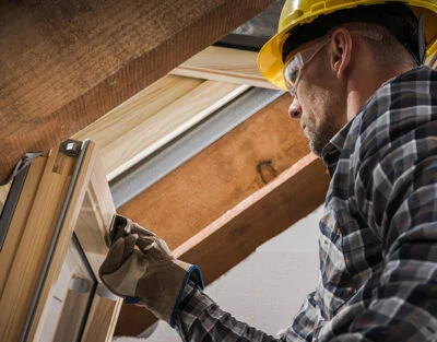 Construction worker installs window frame
